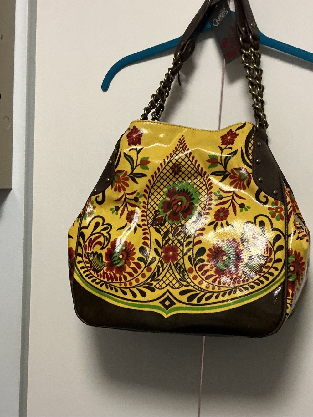 Carlos by Carlos Santana Yellow Floral Shoulder Tote with Brown Trim